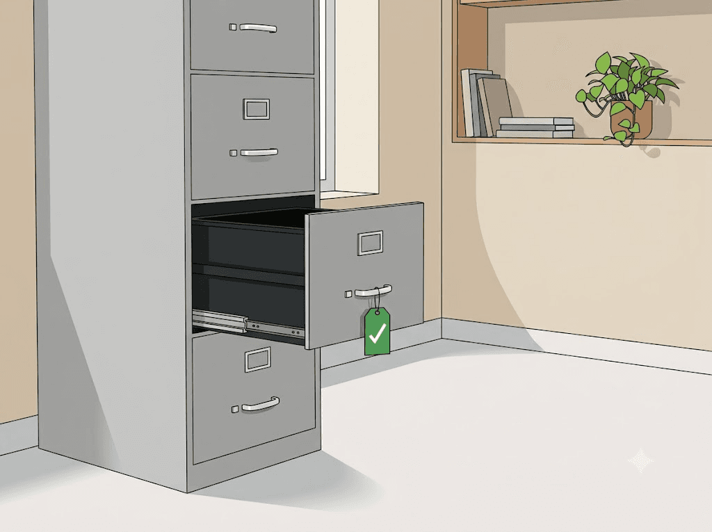 Illustration of a filing cabinet with one drawer pulled fully open and completely empty, a green checkmark tag hanging from its handle