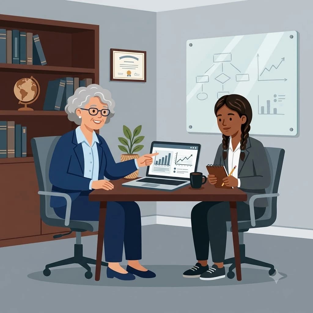 Illustration of a professor pointing to charts on a laptop while a student takes notes across the desk
